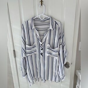 Dex Navy and White Striped Button-Down Shirt | 2X | 100% Rayon